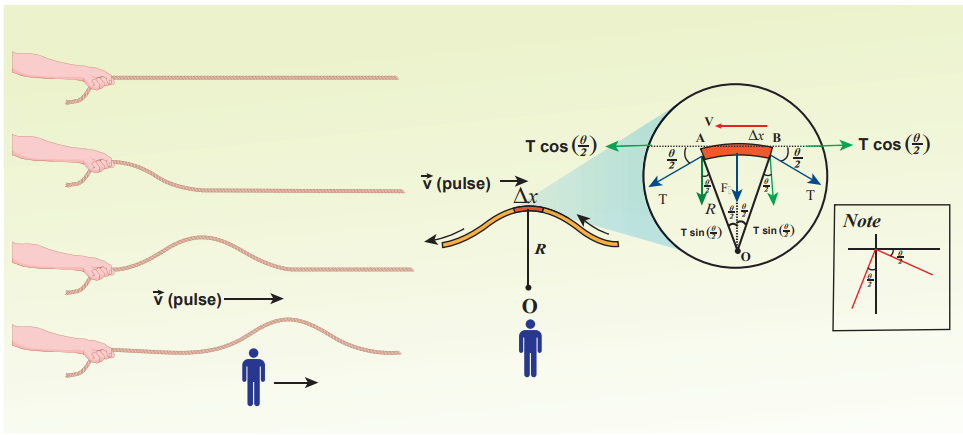 Figure 11.15 Elemental segment in a stretched string is zoomed and the pulse seen from an observer frame who moves with velocity \(v\)