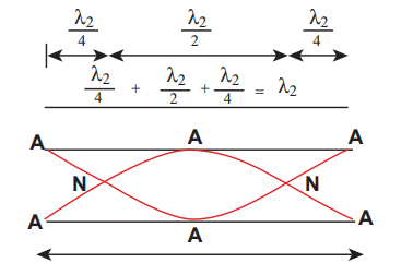 Figure 11.42 Second mode of vibration in open pipes having two nodes and three anti-nodes