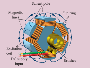 Figure(e): 6-pole rotor with field windings, slip ring and brushes