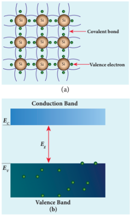 Figure 10.3 (a) Two dimensional crystal lattice of silicon (b) Valence band and conduction band of intrinsic semiconductor