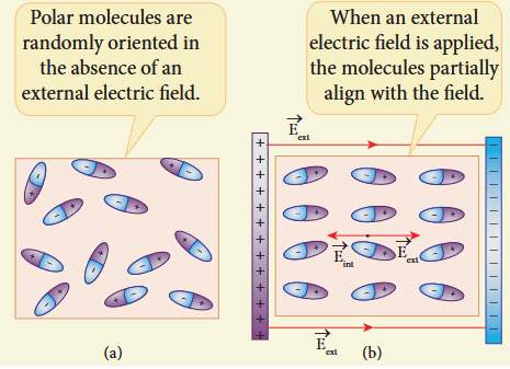 Figure 1.49 (a) Randomly oriented polar molecules (b) Align with the external electric field
