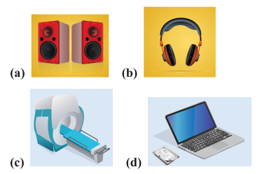 Figure 3.2: Uses of magnets in modern world – (a) speakers (b) head phones  (c) MRI scan (d) Hard disc of laptop