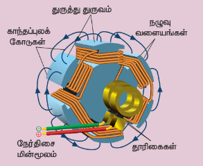 படம்: (உ) புல கம்பிச்சுற்றுகளை, நழுவு வளையங்களை மற்றும் தூரிகைகளை கொண்ட 6 – துருவ சுழலி