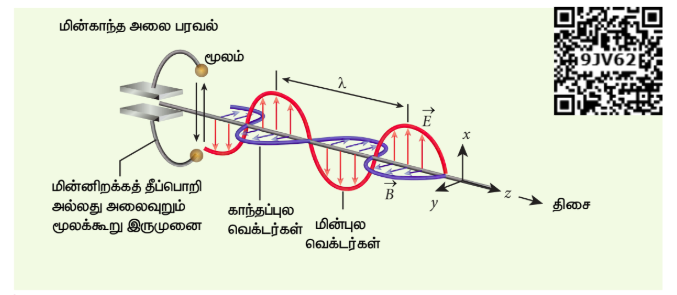 படம் 5.9 அலைவுறும் மின்துகள்கள் – மின்காந்த அலைகளின் மூலங்கள்