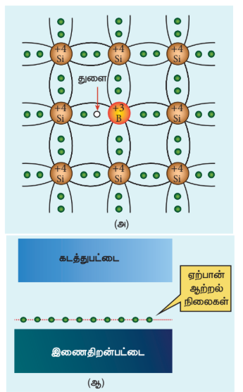 படம் 10.7 p-வகை புறவியலான குறைகடத்தி (அ) மாசு அணுவினால் உருவாக்கப்பட்ட துளை (ஆ) ஏற்பான் ஆற்றல் நிலையைக் குறித்தல்