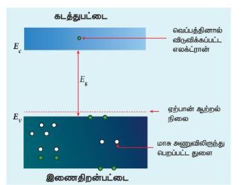 படம் 10.8 கடத்து பட்டையில் வெப்பத்தினால் உருவாக்கப்பட்ட எலக்ட்ரான் மற்றும் மாசு அணுவினால் இணைதிறன் பட்டையில் உருவாக்கப்பட்ட துளைகள் (p-வகை குறைக்கடத்தி)