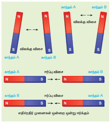 படம் 3.11 மின்துகள்கள் மீது செயல்படும் காந்தப்புலங்கள் – ஒத்த முனைகள் ஒன்றை ஒன்று விலக்கும், எதிரெதிர் முனைகள் ஒன்றை ஒன்று ஈர்க்கும்